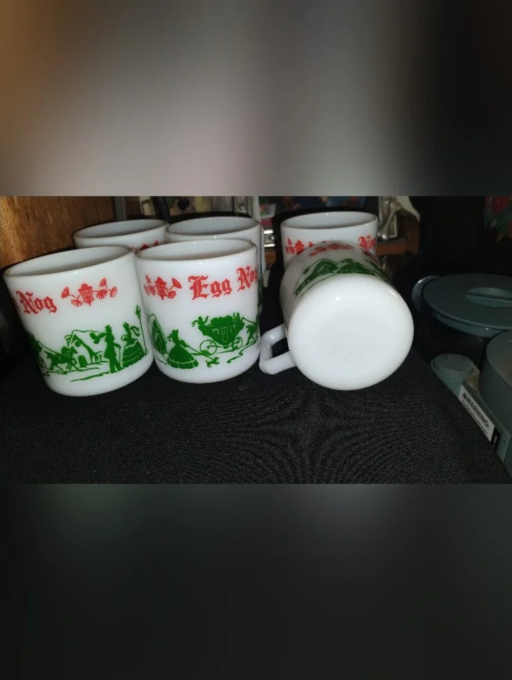 Vintage Hazel-Atlas Milk Glass Egg Nog Set & Punch Bowl 6 Mugs Christmas Village